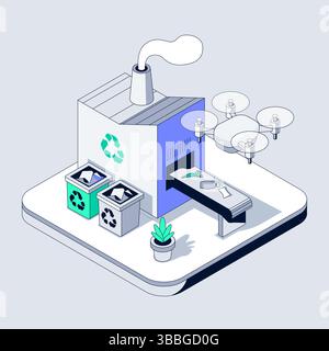AI powered recycling plant processes plastic and paper waste. Smart drones assist automated sorting and material handling. Eco technology Stock Vector