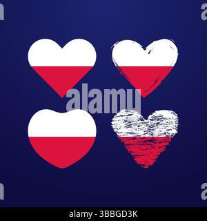 Set of cute creative hearts in the colors of the Polish flag. Classic and artistic style, red and white colours. Web icons. Gift template. Voting icon Stock Vector