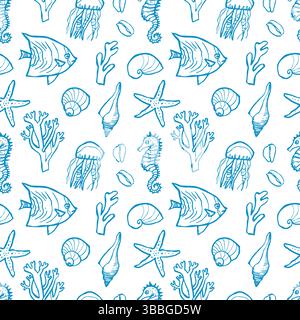 Vector seamless hand drawn outline pattern with shells and fish Stock Vector