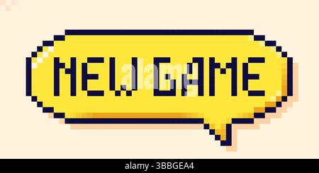 Speech bubble with text New game on yellow background drawn in pixel art 8 bit style. Stock Vector