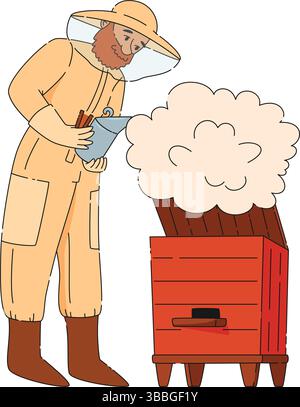 Man beekeeper in protective suit holding fumigating bee hive with smoke Stock Vector
