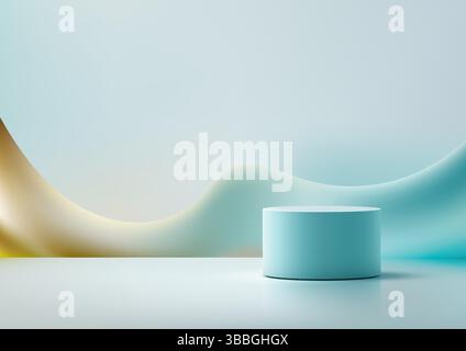 Modern 3d blue cylindrical podium on a glossy surface with a liquid abstract background in soft gold and green hues, perfect for product mockups, bran Stock Vector