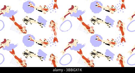 Colorful koi fish swimming with abstract shapes in seamless pattern on white, playful aquatic cartoon design. Stock Vector