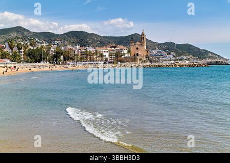 Sitges Catalunya Spain. Panorama view from the beach Stock Photo