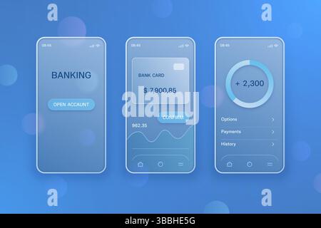 Mobile app template in the form of glass smartphones in the style of glass morphism isolated on a blue background with geometric shapes. Vector 3D ill Stock Vector