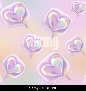 3d Holographic Like icon or Message Heart Seamless pattern. Chrome Hearts in Y2K style on Pink, Orange gradient background. Future galaxy aesthetic, 3D chrome bubble art. Metal glossy abstract art. Vector illustration. Stock Vector