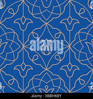 Oriental golden line floral seamless pattern. Arabic style vector tile ornament with botanical elements. Stock Vector