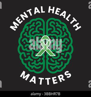 Mental health matters background with simple line drawing of a brain and a green ribbon Stock Vector