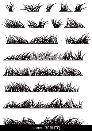 A collection of grass silhouette vector illustration in different shapes and styles of grass blades blowing in the wind. nature, landscaping and decor Stock Vector
