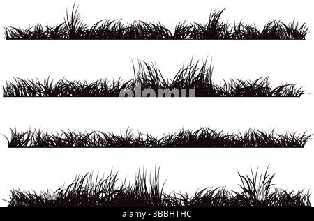 landscape grass vector silhouette illustration in different shapes and styles of grass blades blowing in the wind. Stock Vector