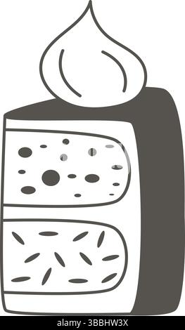 Slice of sponge cake with cream decor clip art. Simple black silhouette sweet tasty pastry. Hand drawn dessert icon, vector element Stock Vector