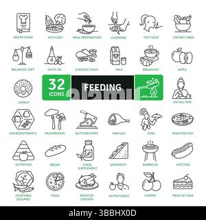 Food and Nutrition Icon Collection: 32 Culinary and Dietary Line Illustrations Stock Vector