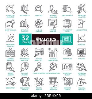 Data Analytics Icon Collection: 32 Business Intelligence Line Illustrations Stock Vector
