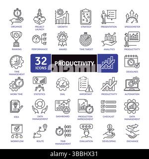 Productivity and Business Management Icon Set: 32 Professional Line Illustrations Stock Vector