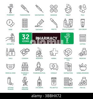 Pharmacy and Healthcare Icon Collection: 32 Medical Line Illustrations Stock Vector