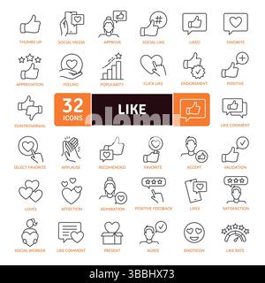 Social Media Engagement Icon Set: 32 Like and Approval Line Illustrations Stock Vector