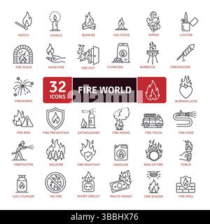 Fire and Flames 32 Icon Set: Burning Elements Stock Vector
