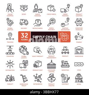 Product supply chain icons set. 32 Icon pack of Essential Logistics Elements Stock Vector
