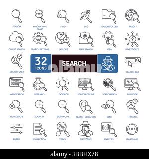 Distinct icons related to video and media: 32 Professional Line Illustrations Stock Vector