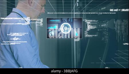 Image of scope scanning and data processing over caucasian it man fixing computer server Stock Photo