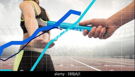 Images of financial data processing over caucasian female runner Stock Photo