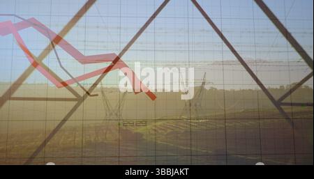 Image of statistics and data processing with red lines over electricity pylon and landscape Stock Photo