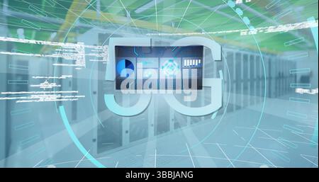 Projecting holographic 5G symbol displaying graphs in data center aisle, with racks and cabinets Stock Photo