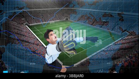 Images of financial data processing over caucasian football player Stock Photo