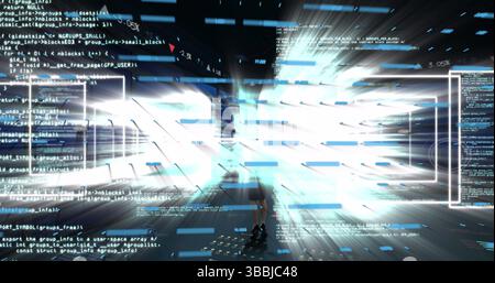 Standing woman in skirt and heels facing light burst in virtual chamber with panels streaming code Stock Photo