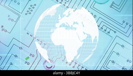 Featuring wireframe globe hovering in digital interface, with circuit traces and component icons Stock Photo