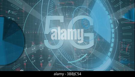 Displaying large 5G typography streaming over dark technology dashboard, with circular radar rings Stock Photo