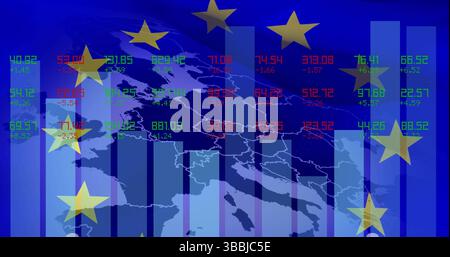Displaying map of Europe overlaid with bar charts in dashboard, featuring data, yellow EU stars Stock Photo