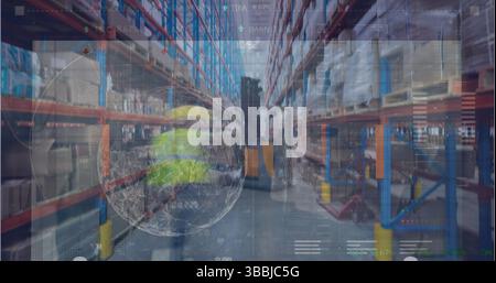Operating warehouse worker controlling pallet stacker in aisle, with hard hat, digital data overlay Stock Photo