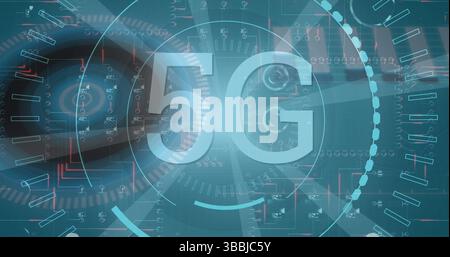 Floating stylized 5G text graphic in virtual interface, with concentric data-ring overlays Stock Photo