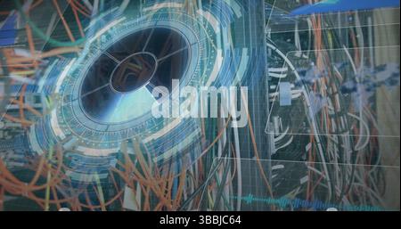 Displaying orange grey white network cables on server rack in data center with hologram Stock Photo
