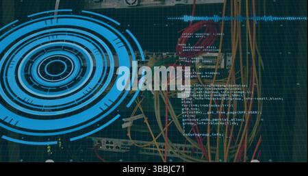 Displaying network switch operating at server rack, with Ethernet cables and code snippet overlay Stock Photo