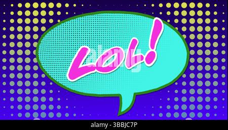 Turquoise speech bubble with green outline, pink LOL text popping in pop art, with halftone dots Stock Photo