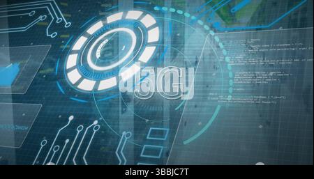 Displaying futuristic 5G interface on city skyline, with circular HUD graphic and code snippets Stock Photo