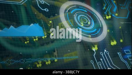 Showing HUD element on screen with blue area chart, glowing nodes, dotted lines, circuit traces Stock Photo