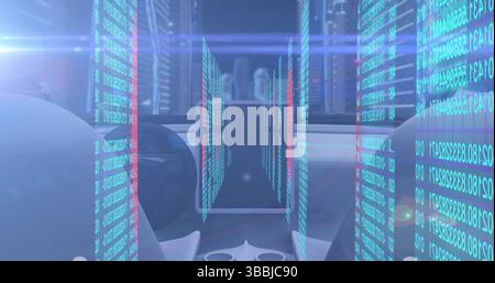 Displaying holographic interface floating in high-tech control room, with data panels and cockpit Stock Photo