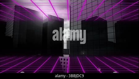 Image of purple squares over cityscape Stock Photo
