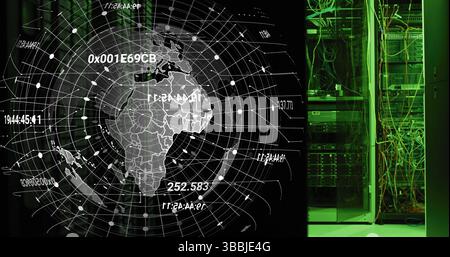 Image of globe rotating over servers Stock Photo