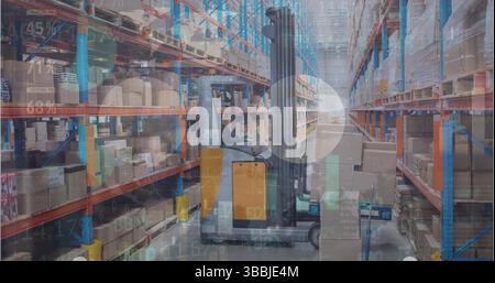 Image of financial graphs over warehouse Stock Photo