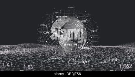 Image of globe rotating over digital space on black background Stock Photo
