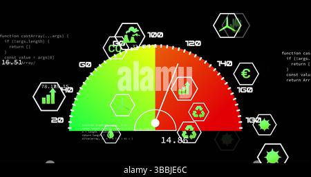 Image of speedometer over falling icons Stock Photo