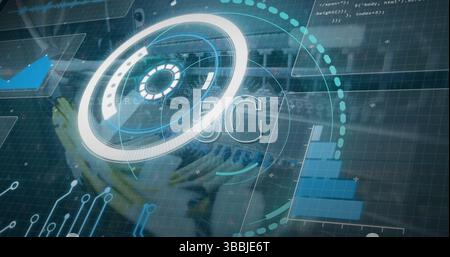 Image of processing circle and 5g over computer wires Stock Photo