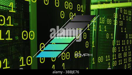Image of binary code over speedometer and servers in background Stock Photo