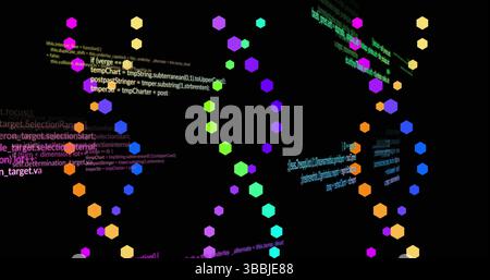 Image of scientific data processing and dna strands spinning Stock Photo