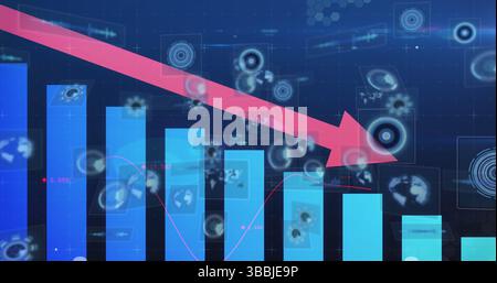 Image of red arrow, graph with data processing and scope scanning over blue background Stock Photo