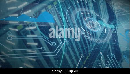 Image of processing circle and 5g over computer wires Stock Photo
